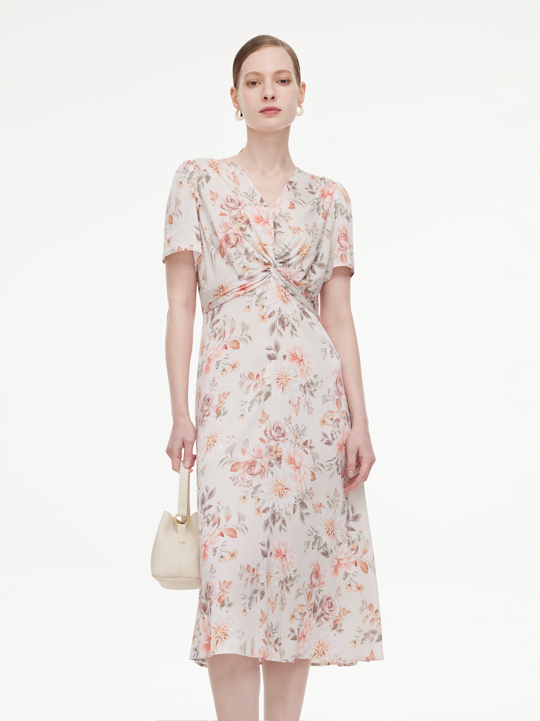 19MM Mulberry Silk Floral Print Twist Front Women Midi Dress GOELIA