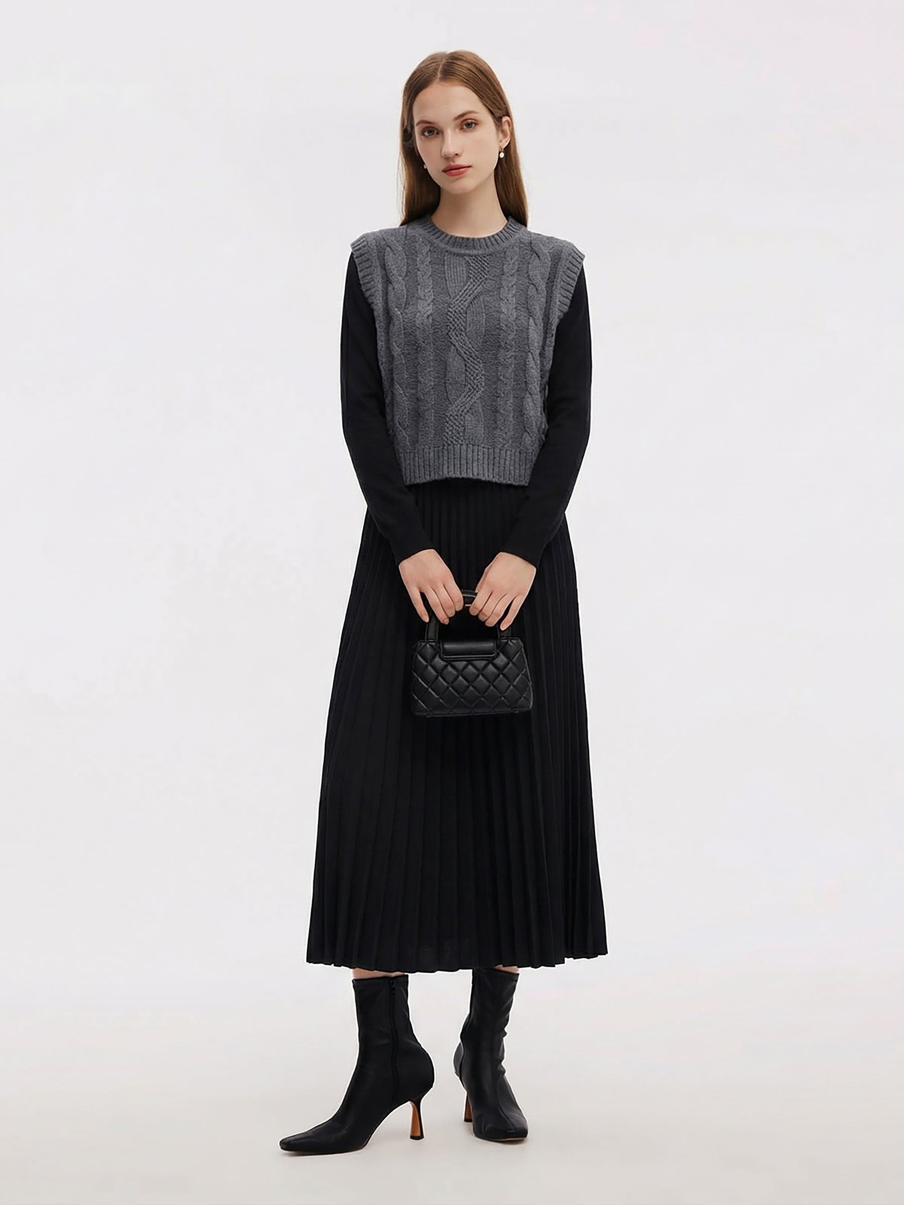 [Preview] Knit Vest And Pleated Dress Two-Piece Set GOELIA