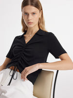 V-Neck Drawstring Lapel Knitted Women Top GOELIA