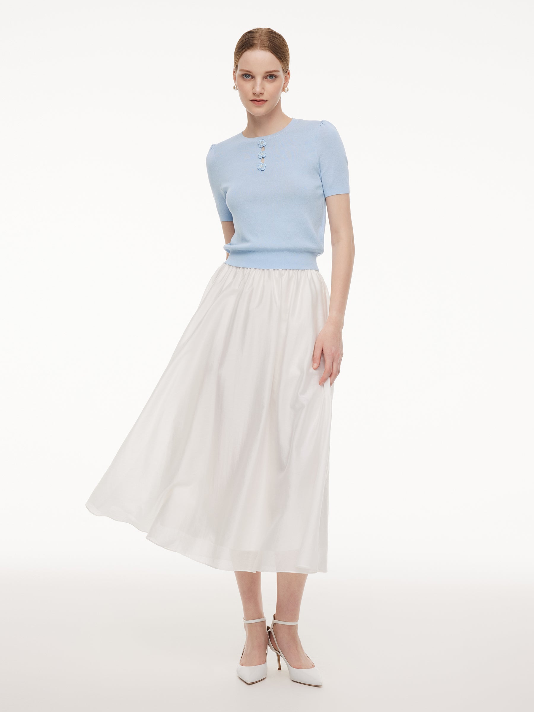 Tencel Blend Knit Top And A-Line Skirt Two-Piece Set With Detachable 3D Crochet Flowers GOELIA