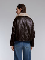 [Preview] PU Leather Goose Down Jacket With Detachable Faux Fur Collar GOELIA