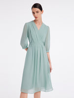 V-Neck Pleated Lace Up Wrap Midi Dress GOELIA
