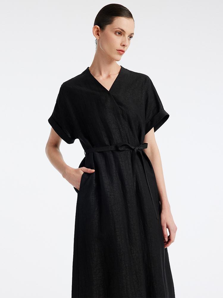 Xiang Yun Silk Black V-Neck Midi Dress GOELIA