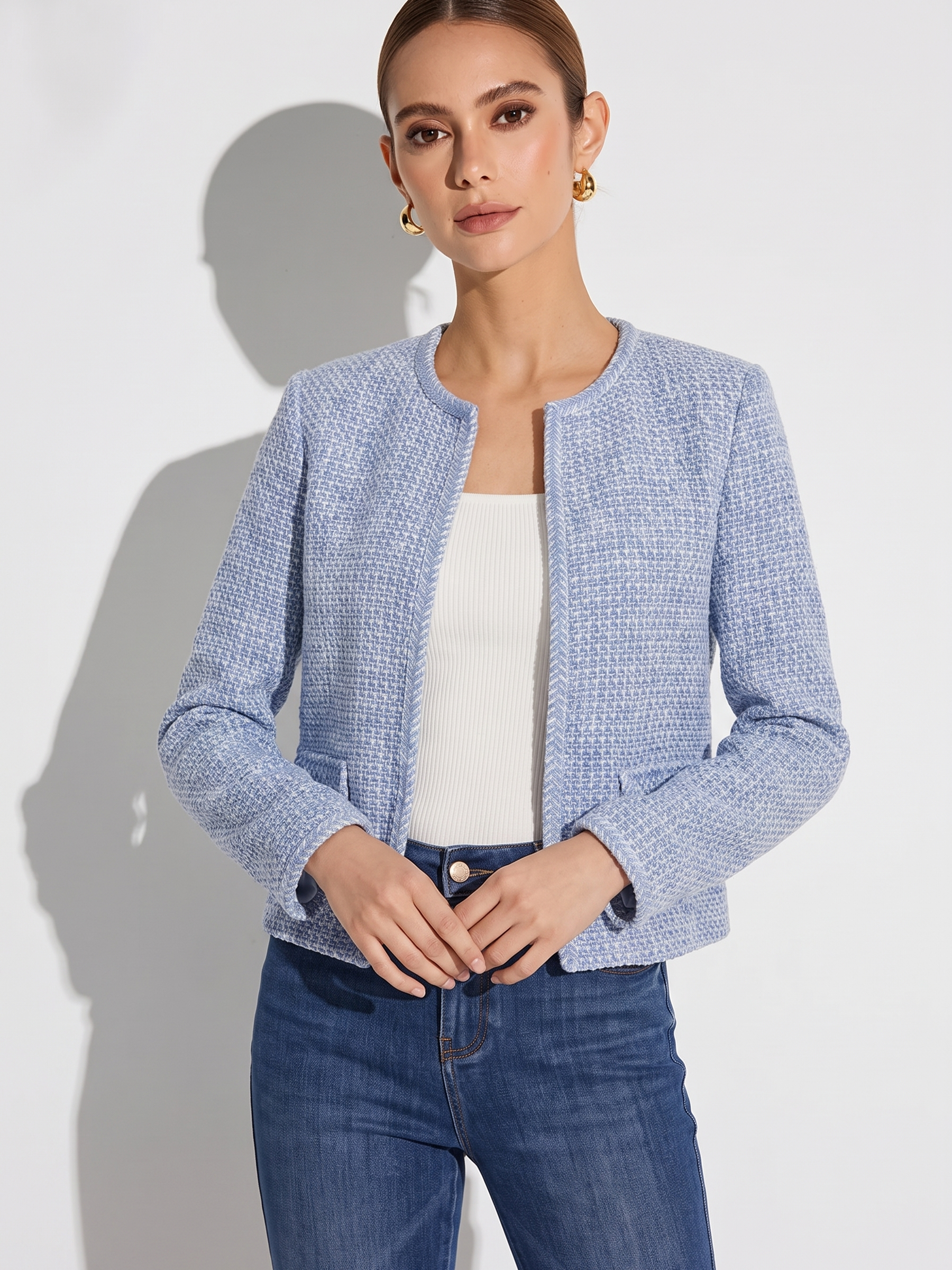 Cotton Wool Blend Women Tweed Cropped Jacket GOELIA
