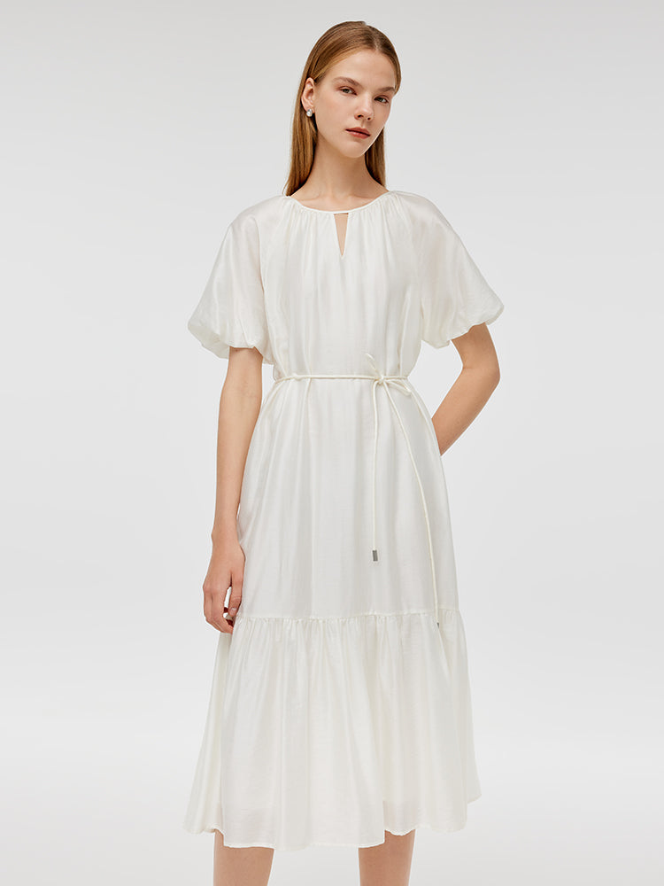 Puff Sleeves Ruffle Hem Women Midi Dress With String Belt GOELIA
