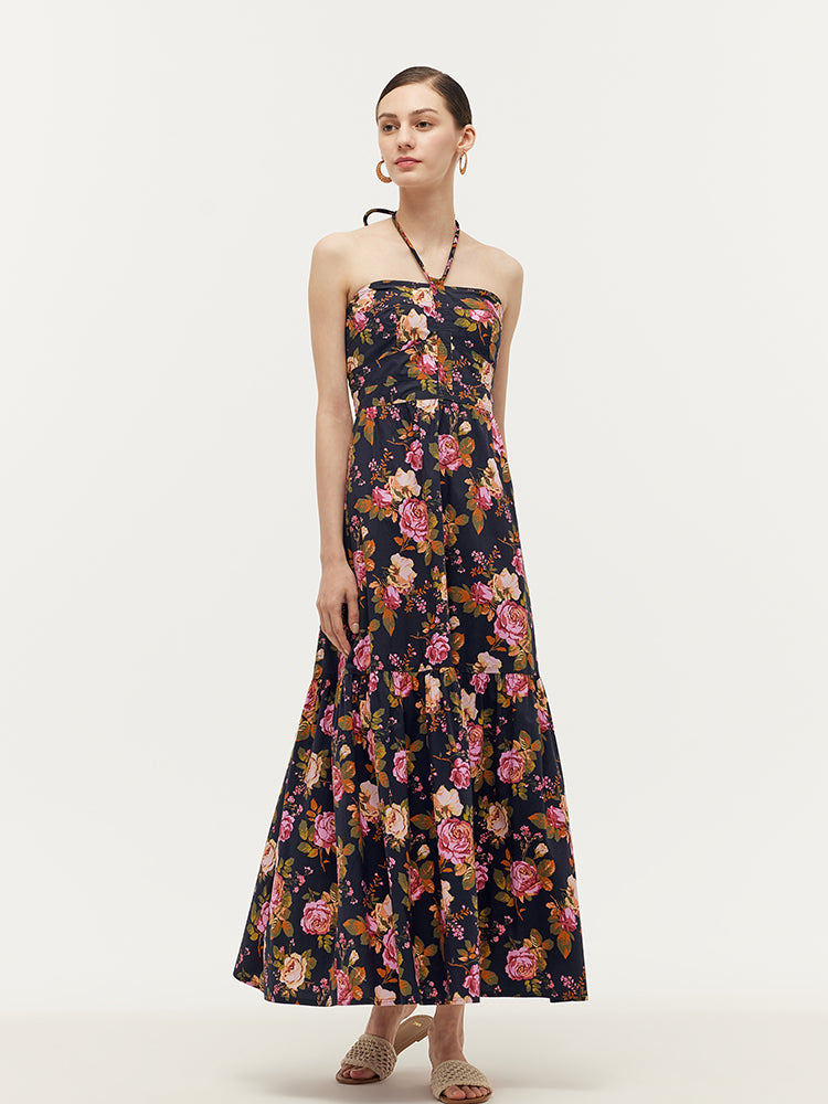 Rose Print Women Halter Maxi Dress With Detachable Bra Pads GOELIA