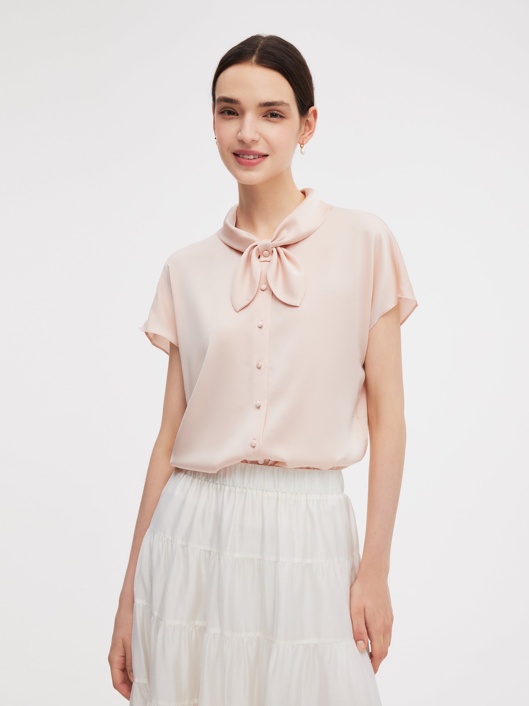 22MM Mulberry Silk Women Bow Tie Neck Shirt GOELIA