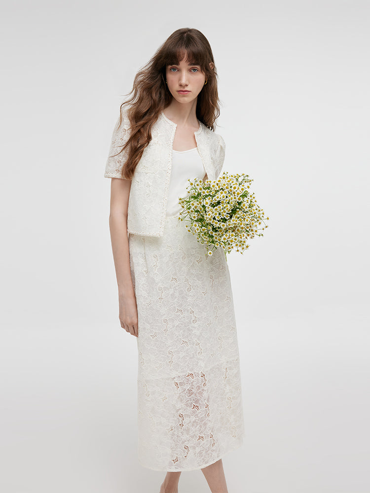 Lace Sequins Crop Jacket And Slit Skirt Two-Piece Set GOELIA