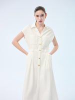Lyocell Cotton Blend Denim Women V-Neck Maxi Shirt Dress With Belt GOELIA