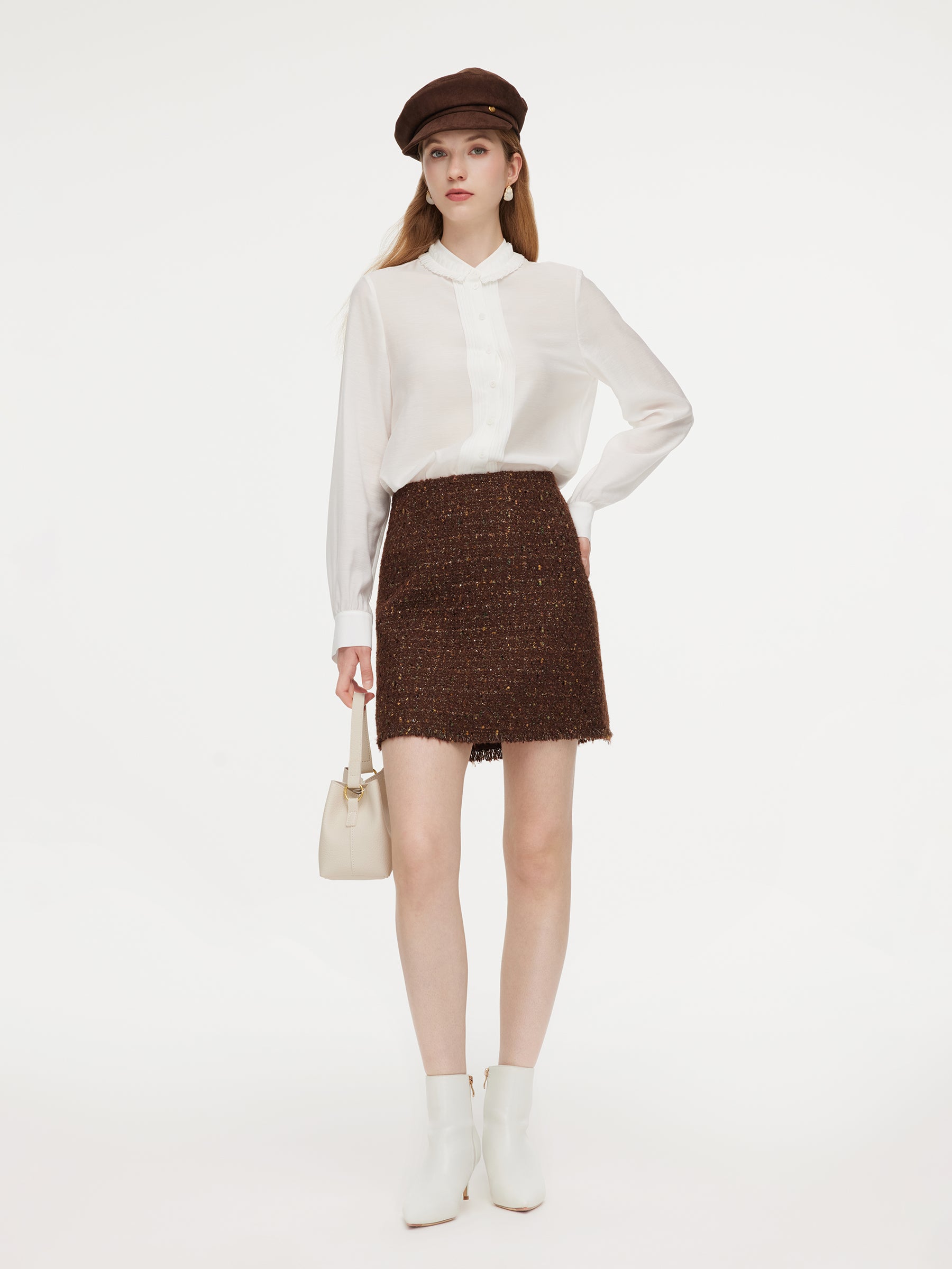 Acetate Blend Pleated Ruffle Collar Women Shirt GOELIA