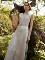 100% Linen Women Vest Maxi Shirt Dress With Belt GOELIA