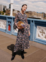 10MM Mulberry Silk Floral Print Women V-Neck Maxi Dress GOELIA
