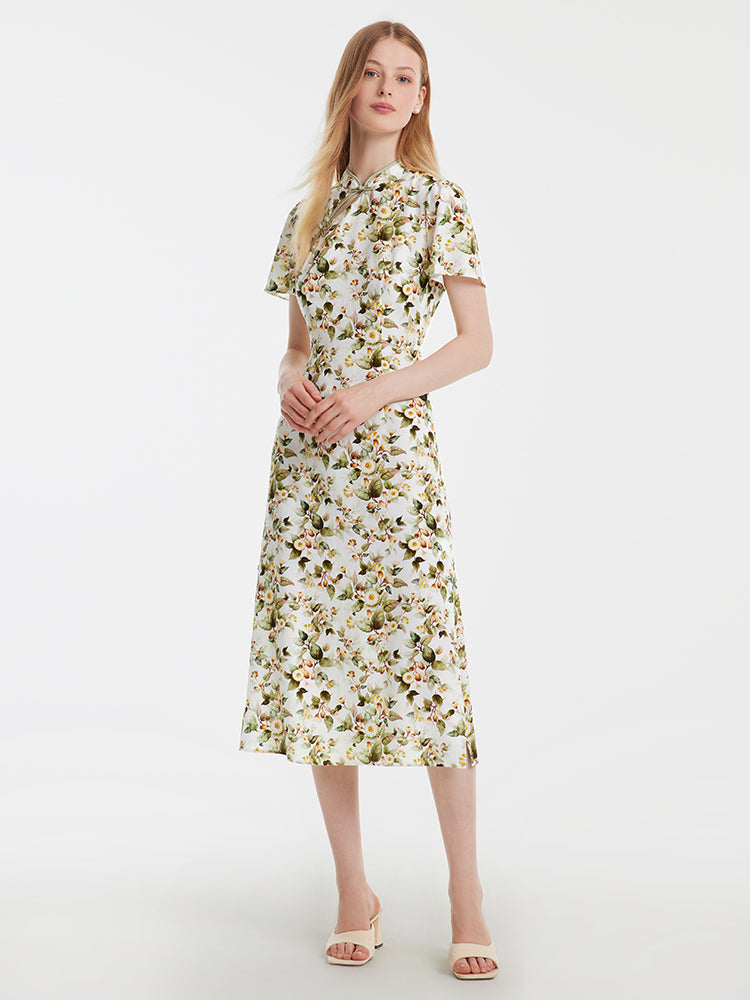 Tencel Linen Floral Cheongsam Dress GOELIA