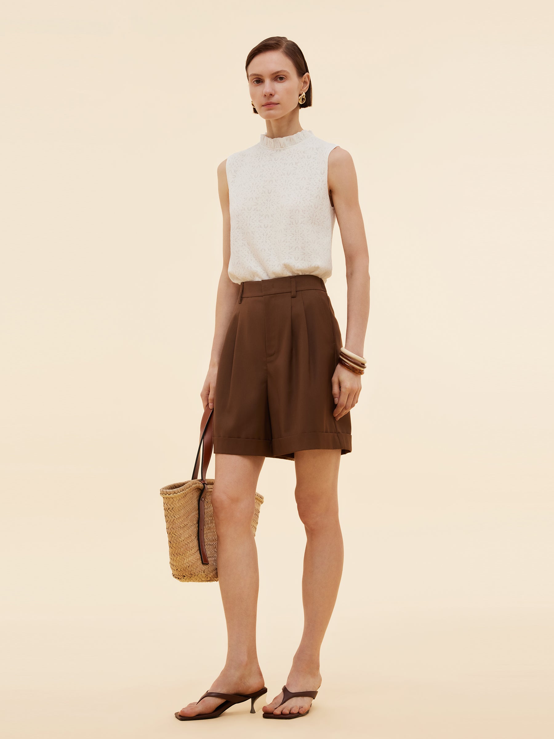 Cotton Jacquard Women Ruffle Knit Tank Top GOELIA