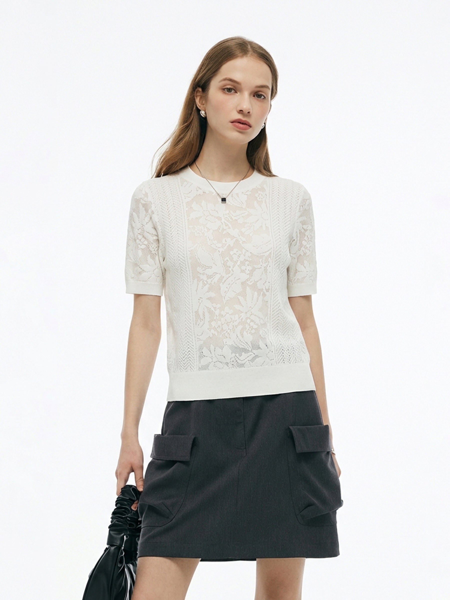 Lace Jacquard Round Neck Women Knit Top GOELIA