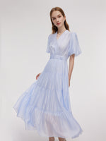 A-Line V-Neck Women Pleated Tiered Maxi Dress GOELIA
