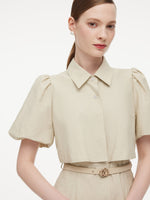 Cotton Blend Puff Sleeve Women Midi Shirt Dress With Belt GOELIA
