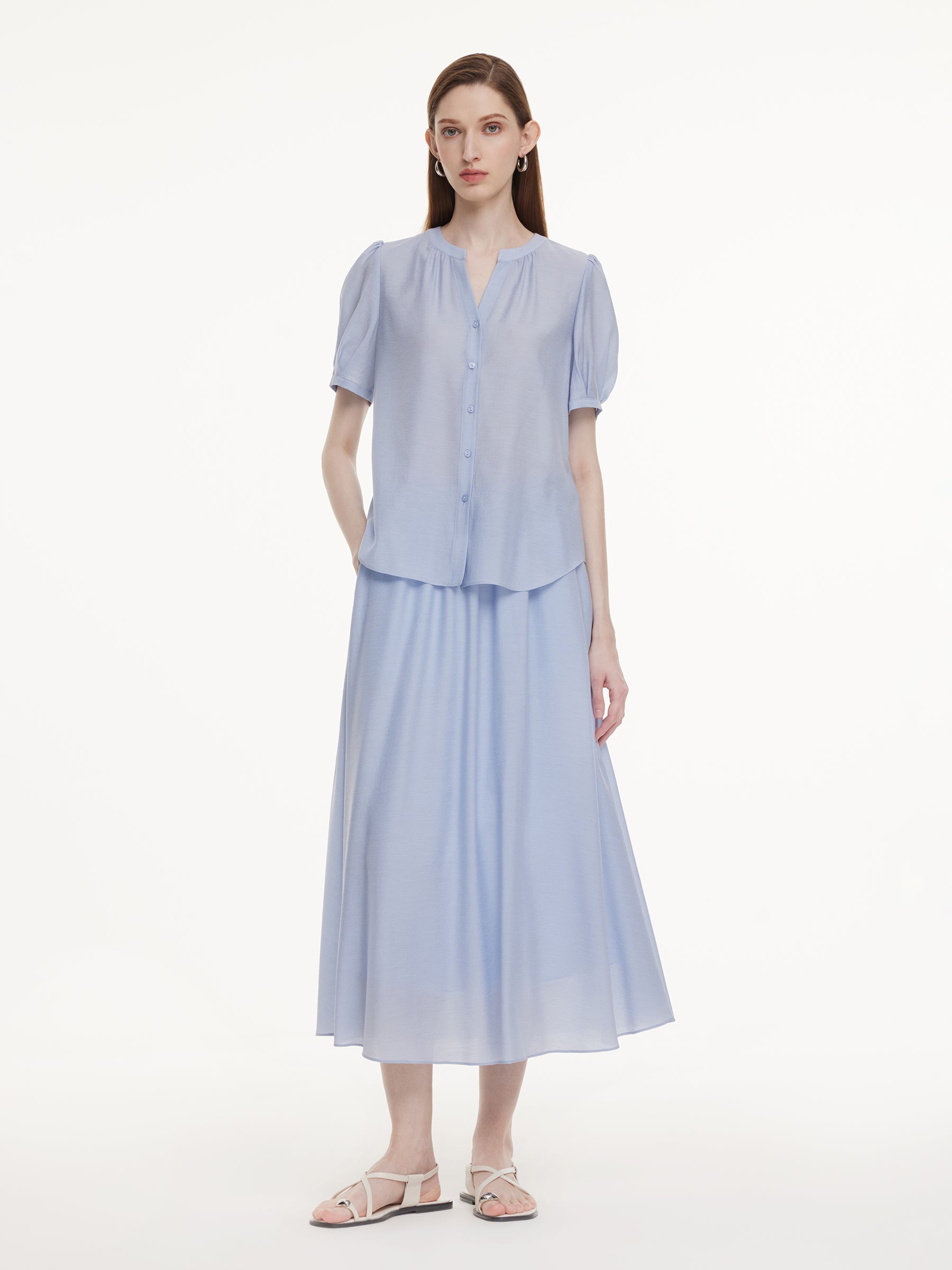 Acetate Blend Blouse And A-Line Skirt Belted Two-Piece Set GOELIA