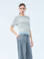 Lyocell Blend Blue And White Stripe Women Knit Top GOELIA
