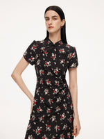 16MM Mulberry Silk Rose Print Women Qipao Midi Dress GOELIA
