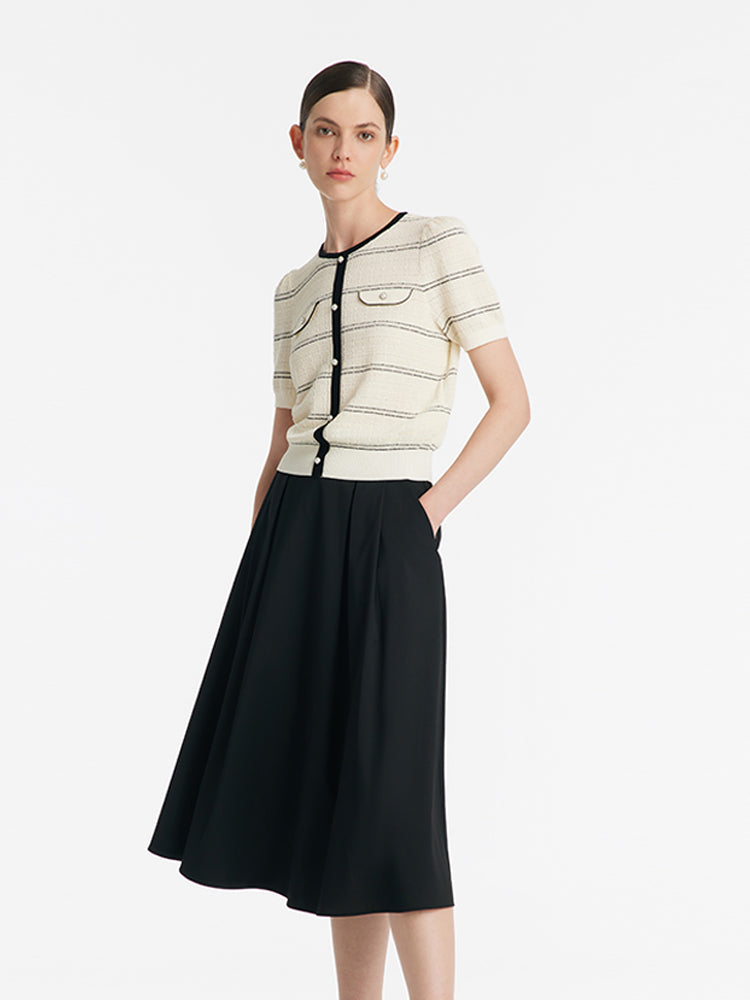 Contrast Trim Striped Knit Top And Half Skirt Two-Piece Set GOELIA