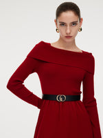 Tencel Wool Blend Boat Neck Women Knit Maxi Dress With Leather Belt GOELIA
