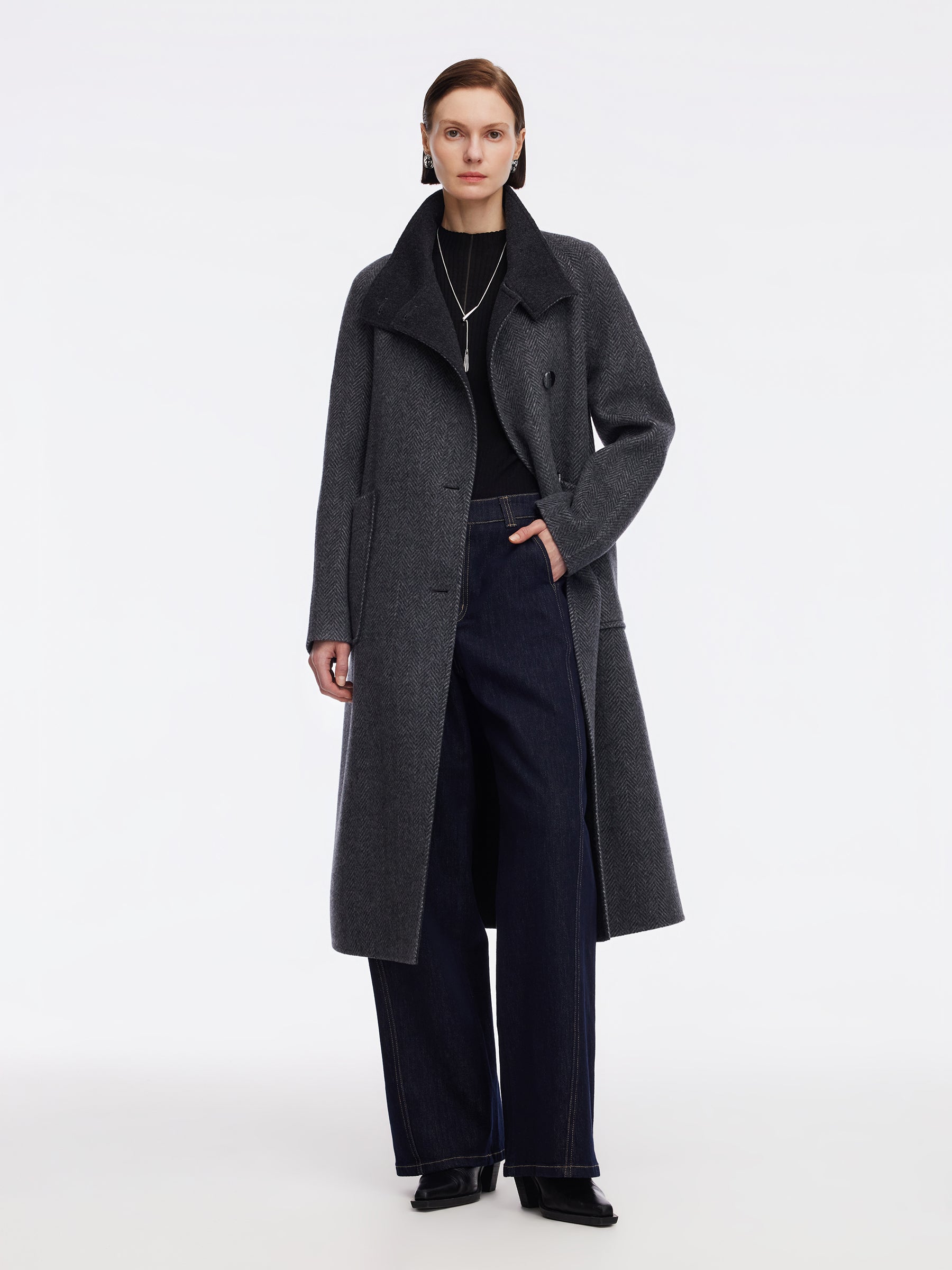 Cashmere Wool Blend Double-Faced Women Self-Tie Belt Overcoat GOELIA