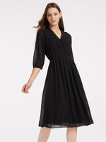 V-Neck Pleated Lace Up Wrap Midi Dress GOELIA