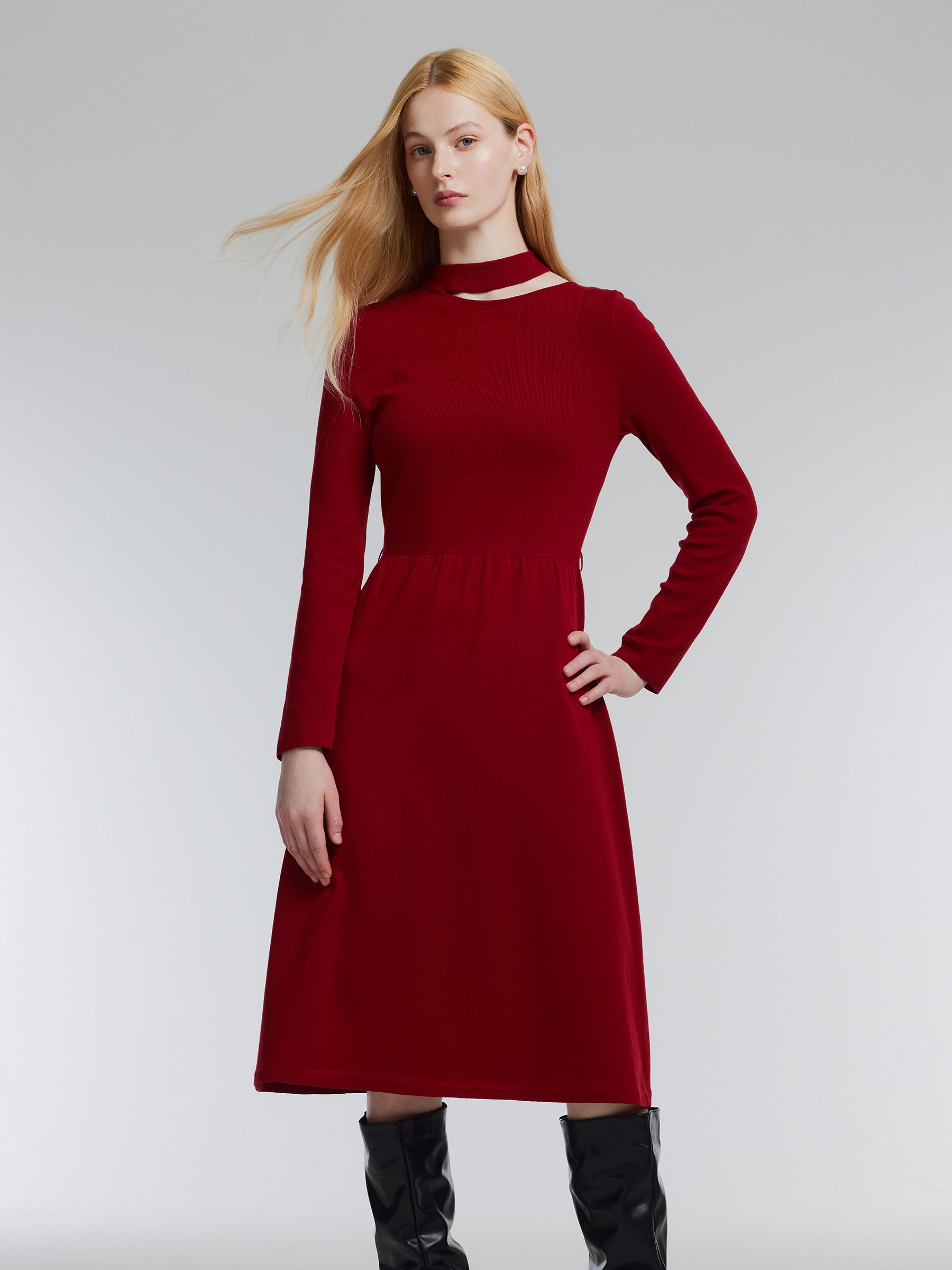 Lyocell Wool Blend Cut Out Women Knit Midi Dress With Belt GOELIA