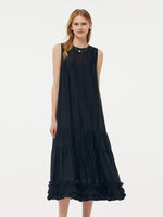Tencel Ruffle Hem Women Tiered Vest Midi Dress With Slip Dress And Belt GOELIA