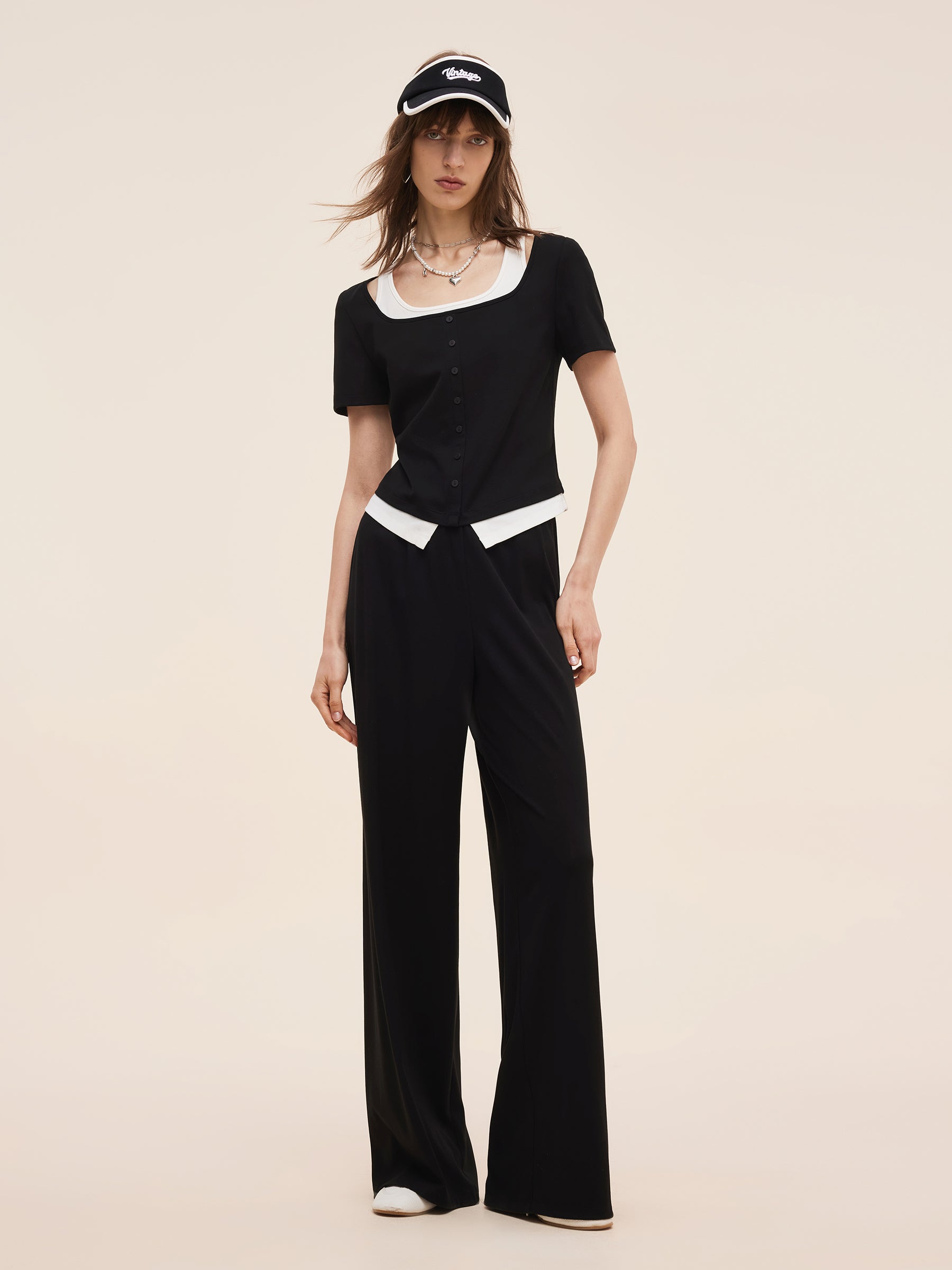 Mock Layered Knit Top And Pants Two-Piece Set GOELIA