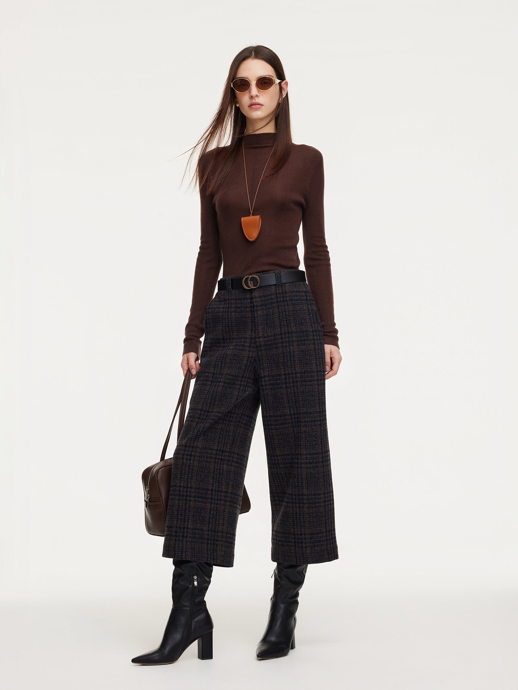 100% Wool Plaid Women Wide Leg Pants GOELIA
