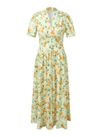 Cotton Gathered Waist Floral Print Women Maxi Dress GOELIA