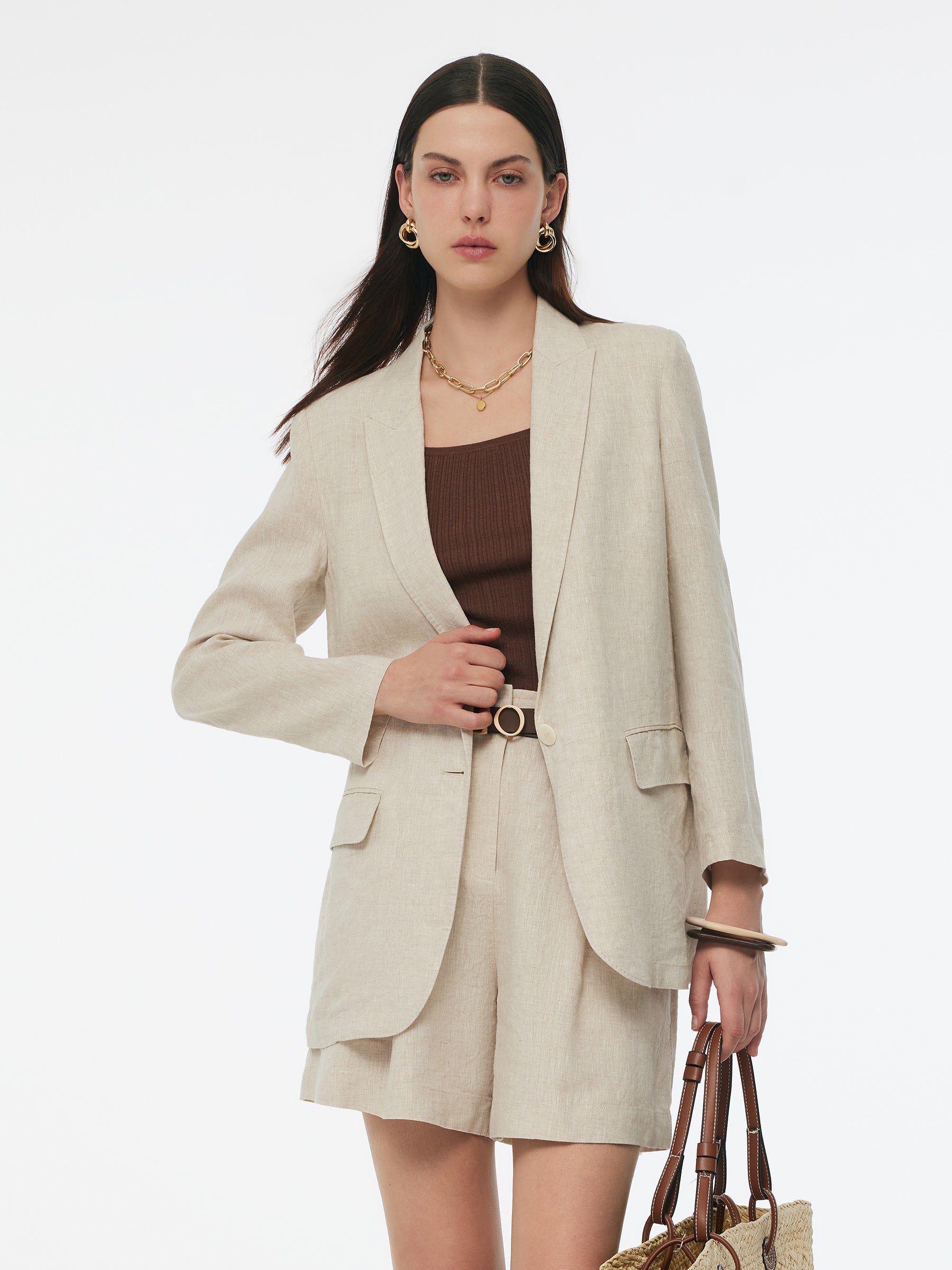 100% Linen Back Slit Women One Button Blazer GOELIA