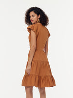 100% Cotton Ruffle Sleeve Gathered Waist Women Mini Dress, Red Camel Color / S 100% Cotton Ruffle Sleeve Gathered Waist Women Mini Dress, Red Camel Color / S