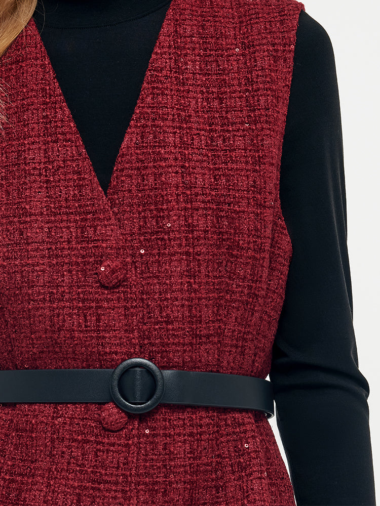 Tweed Vest And Midi Skirt And Knit Top Three-Piece Set With Belt GOELIA