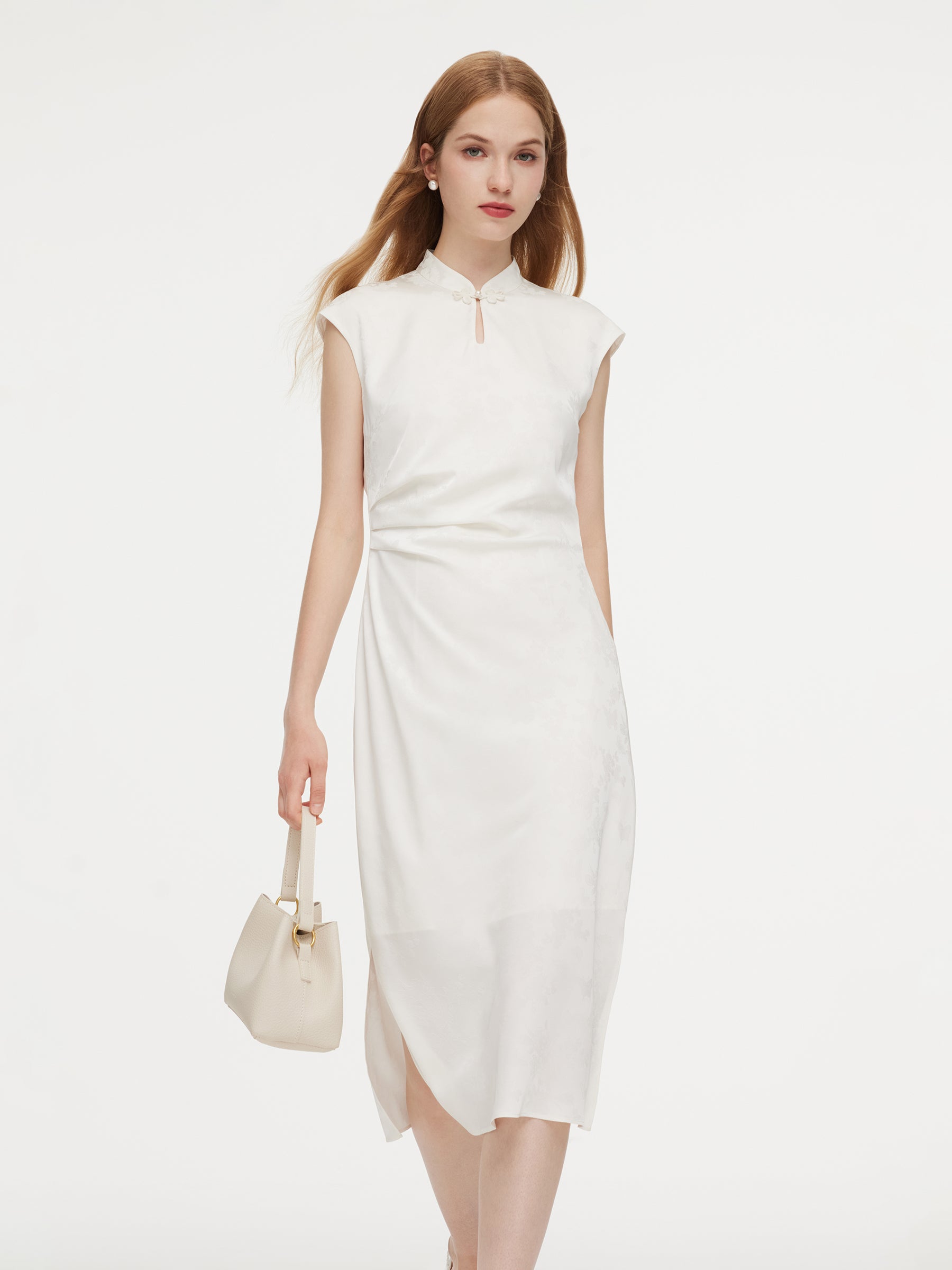 Jacquard Ruched Waist Women Qipao Maxi Dress GOELIA