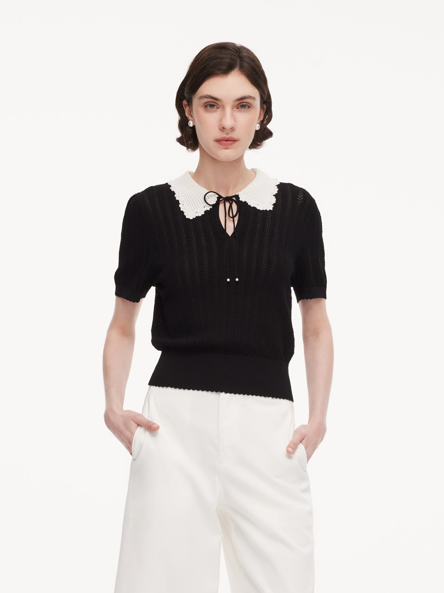 Tencel Blend Color Block Tie Front Women Openwork Knit Top GOELIA