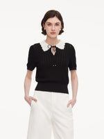Tencel Blend Color Block Tie Front Women Openwork Knit Top GOELIA