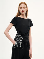Boat Neck Side Ruched Top And Pants Two-Piece Set With Floral Print Scarf GOELIA