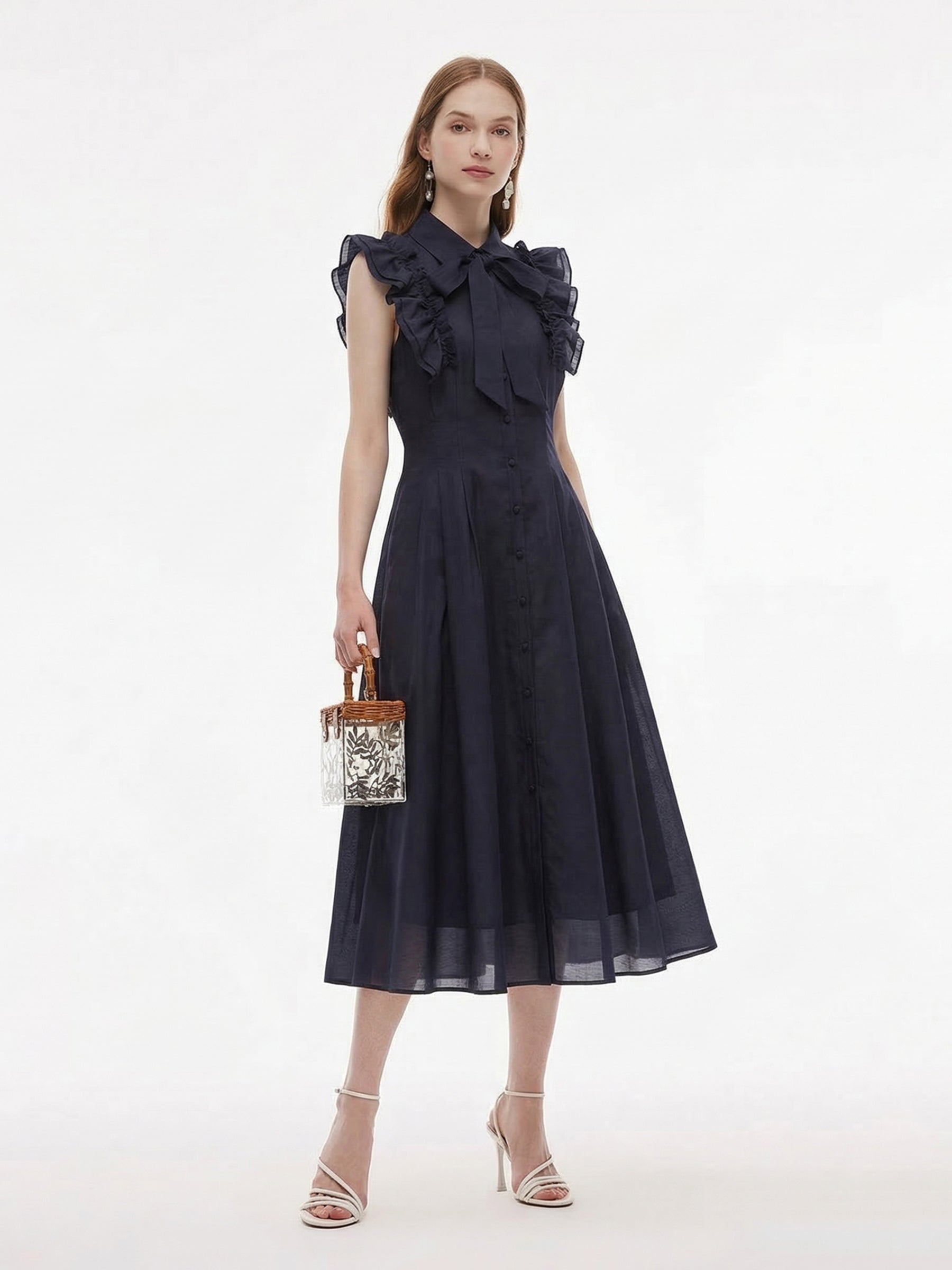 Lyocell Blend Ruffle Women Maxi Dress With Ribbon GOELIA