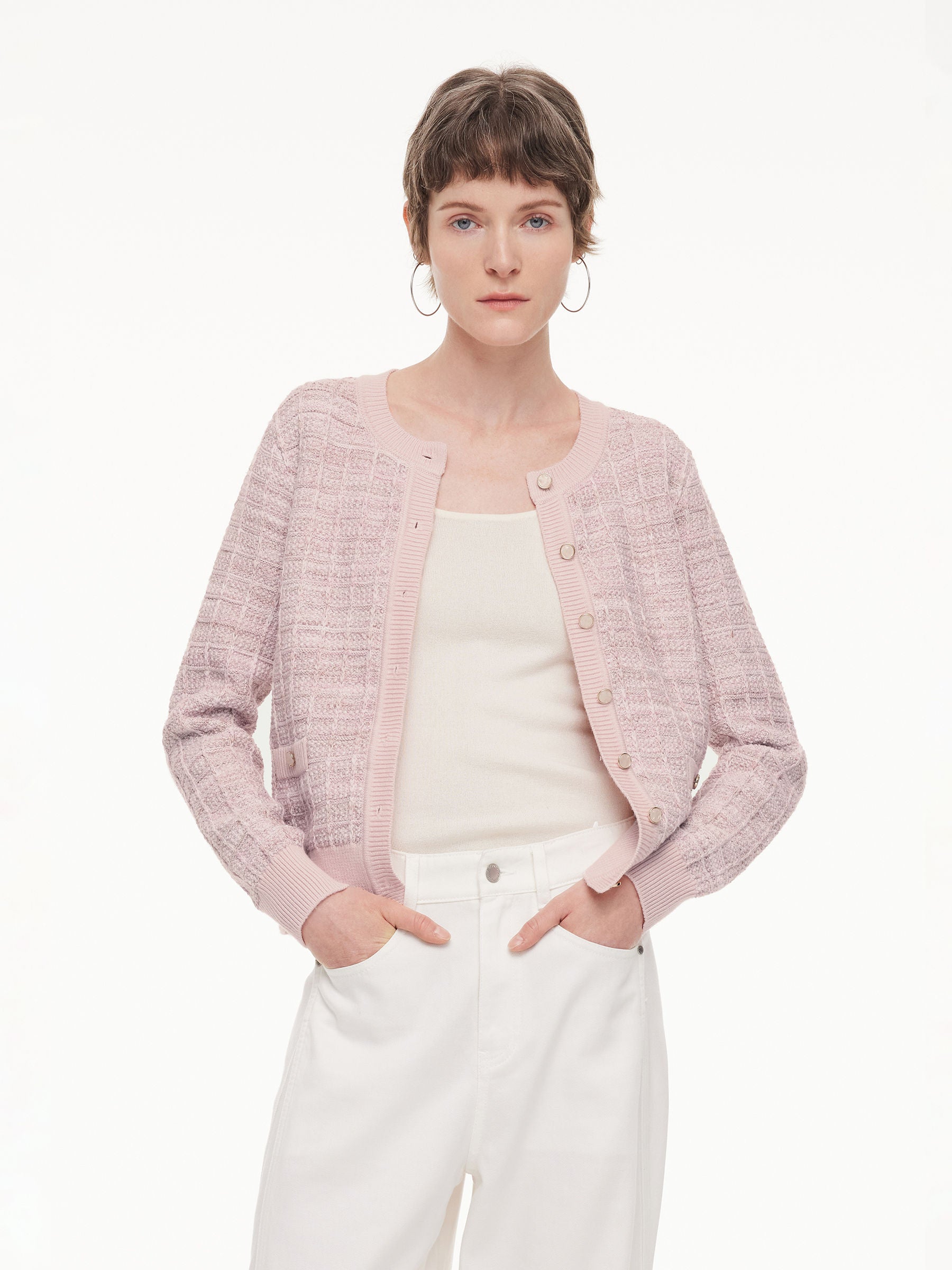 Textured Round Neck Women Stretchy Cardigan GOELIA