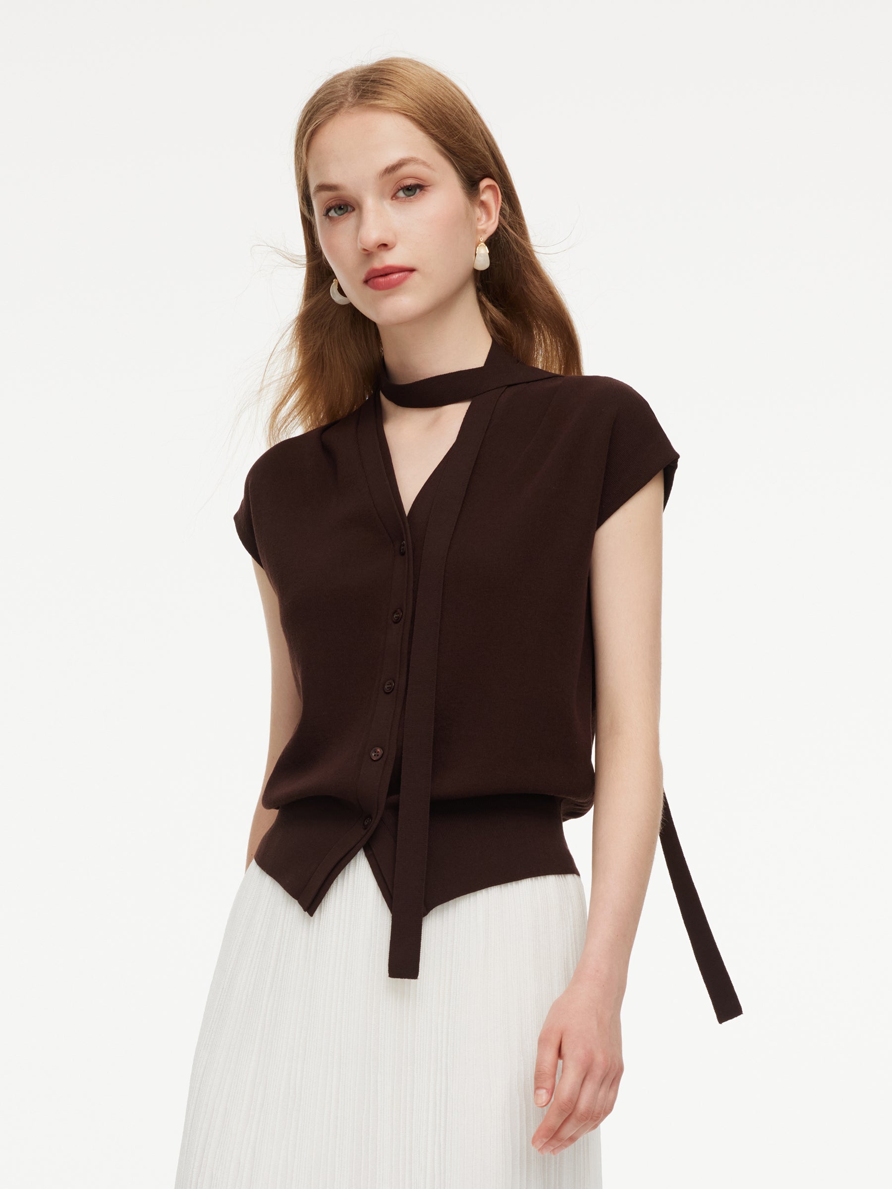 Lyocell Blend V-Neck Women Cardigan With Ribbon GOELIA