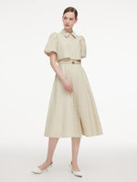 Cotton Blend Puff Sleeve Women Midi Shirt Dress With Belt GOELIA