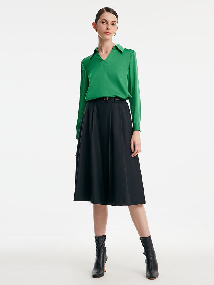 Worsted Woolen A-shaped Half Skirt With Leather Belt GOELIA