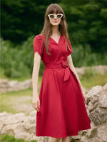 Petal Sleeves Gathered Waist V-Neck Women Midi Dress With Belt GOELIA