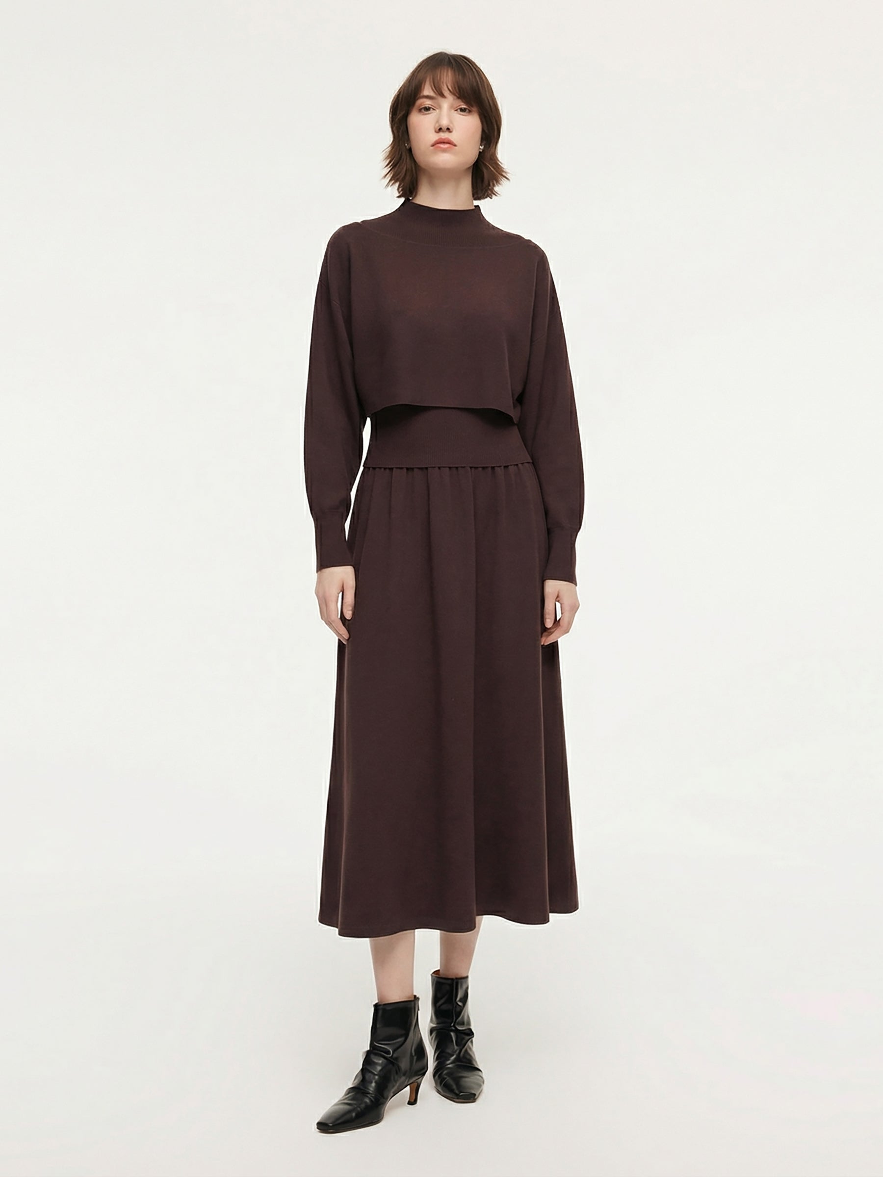 Tencel Wool Blend Mock Neck Tank And Skirt And Knit Top Three-Piece Set GOELIA
