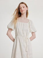 Square Neck Embroidered Midi Dress With Belt GOELIA