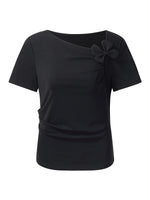 Acetate Blend Asymmetric Neckline Women T-Shirt GOELIA