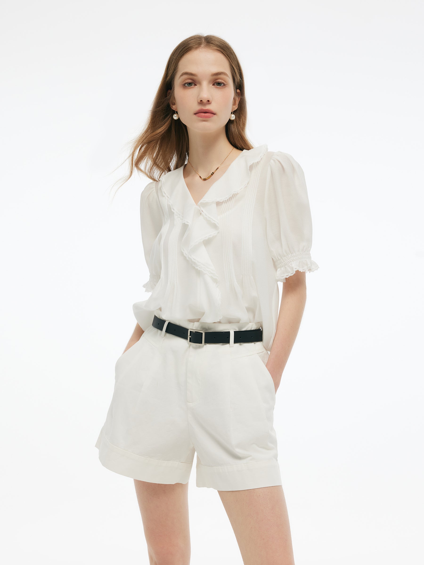 Acetate Blend Ruffle V-Neck Women Blouse GOELIA
